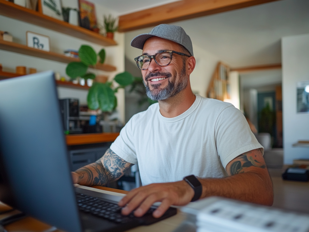 uomo che sorride al computer grazie all novità 2025 per il regime forfettario