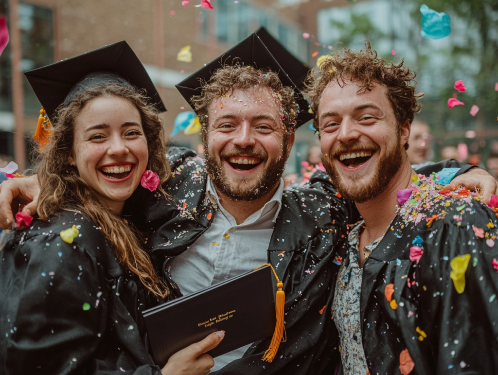 giovani laureati che sorridono e festeggiano pensando al riscatto laurea per i lavoratori autonomi