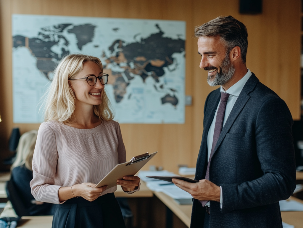 Uomo e donna d'affari che sorridono discutendo della nuova franchigia IVA in Europa